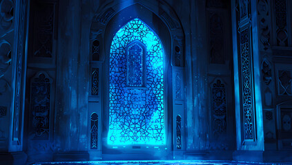 blue lights from an illuminated window in islamic architecture - obrazy, fototapety, plakaty