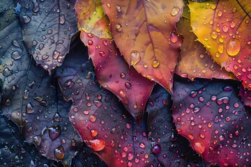Vivid autumn leaves with raindrops, a stunning display of nature's palette in high-resolution.

