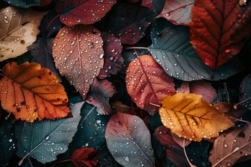 Autumn leaves with raindrops, a serene depiction of fall season and natural beauty.

