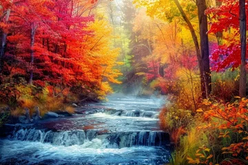 Foto op Canvas temperate deciduous forest, Autumn forest orange red are rivers stream and pine carpet oak beech maple tree willow mysterious colorful leaves trees nature change seasons landscape Top view background © Sittipol 