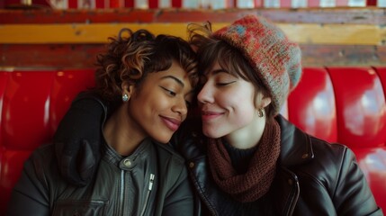 A non-binary couple enjoying a romantic date in a welcoming and affirming setting - obrazy, fototapety, plakaty
