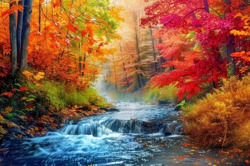 temperate deciduous forest, Autumn forest orange red are rivers stream and pine carpet oak beech maple tree willow mysterious colorful leaves trees nature change seasons landscape Top view background - obrazy, fototapety, plakaty