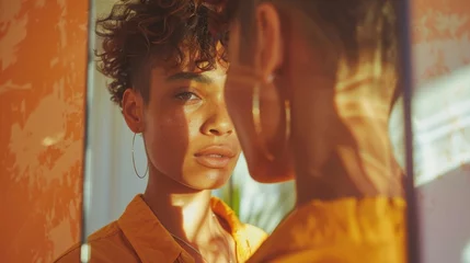 Foto op Plexiglas A non-binary person standing confidently in front of a mirror, affirming their identity and embracing their true self © Lerson