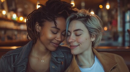 Enjoying a romantic date in a welcoming and affirming atmosphere, a non-binary couple shares precious moments - obrazy, fototapety, plakaty