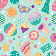 Easter Pattern Seamless with Eggs, Birds, Flowers, and Sweet Cartoon Decorations