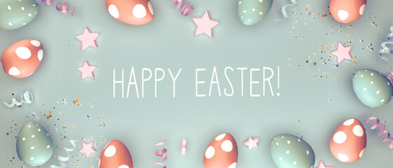 Happy Easter message with colorful Easter eggs and spring holiday decoration - 3D render - 747716349