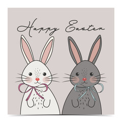 Beautiful Easter greeting card, cover, poster, label, flyer, banner with a white and gray cute bunnies on the beige background