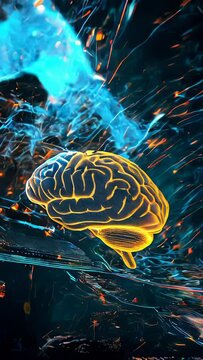 An image of a brain floating against a backdrop of streaming digital code and a sphere connected with beams of light.
