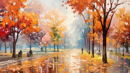 Watercolor of Autumn Scenic in the city