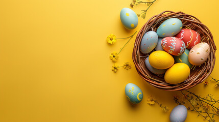 Easter basket with colorful eggs and yellow background