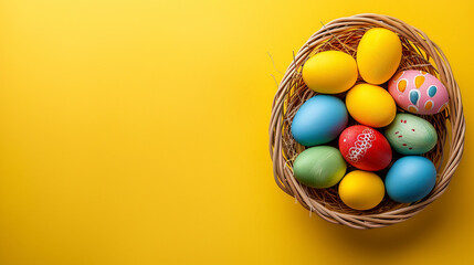 Easter basket with colorful eggs and yellow background