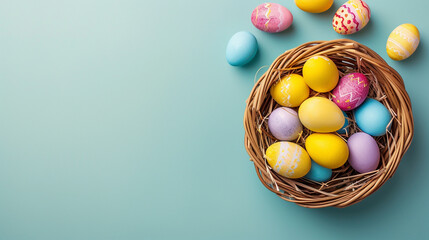 Fototapeta na wymiar Easter basket with colorful eggs and yellow background