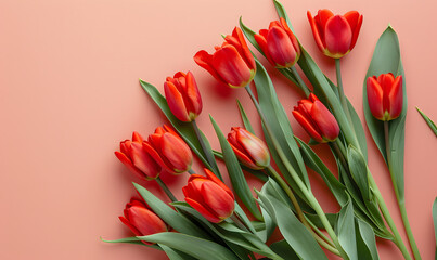 Obraz premium Fresh red tulips on pastel menthe light pink background,Generative AI 