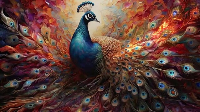 a majestic peacock unfurls its iridescent feathers, each one shimmering with a kaleidoscope of hues. This stunning image, likely a highly-detailed painting, showcases the intricate patterns and radian