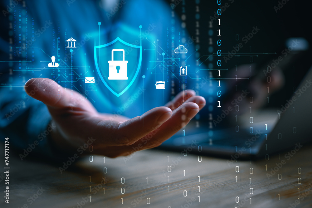 Poster cybersecurity and privacy concepts to protect data. lock icon and internet network security technolo