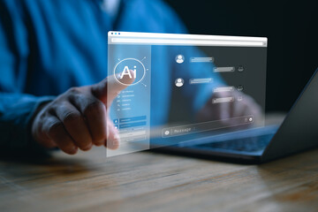 Ai tech, businessman show virtual graphic Global Internet connect Chatgpt Chat with AI, Artificial...