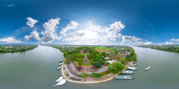 360 photo, Thien Mu pagoda, in Huong River, Hue City, Viet Nam 