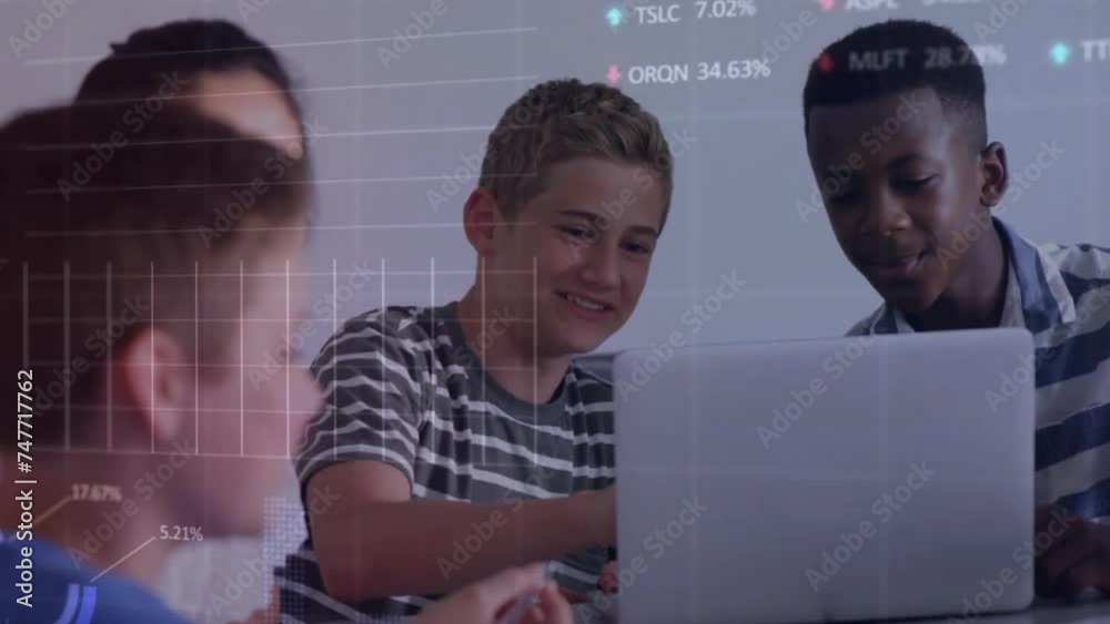 Poster animation of financial data processing diverse students using computer in classroom