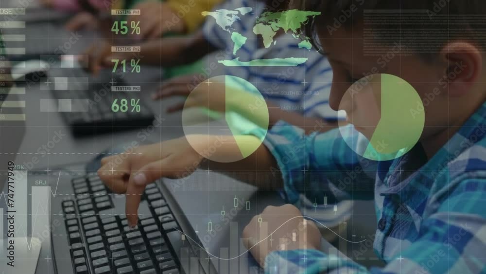 Poster animation of financial data processing diverse students using computer in classroom