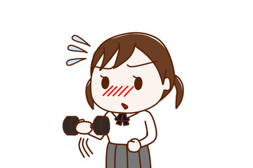 （上半身斜め）ダンベルで腕の筋肉を鍛えて辛くなっても頑張る女子学生