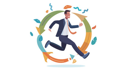 a person running around a circle around him, in the style of reductionist form, simple, colorful illustrations, low bitrate, sharp focus, collecting and modes of display