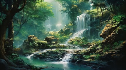 A waterfall in a gorgeously fantastic landscape