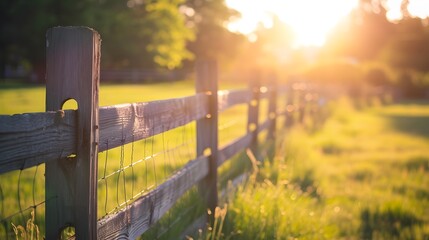 Wooden fence in sunset light. Countryside background with copy space