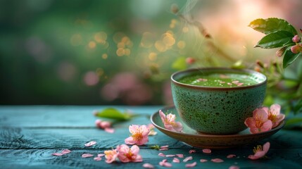Organic green matcha tea Healthy drink. Traditional Japanese drink a steaming cup of matcha tea against the backdrop of a cherry blossom-blooming garden. - obrazy, fototapety, plakaty