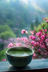 Fototapeta na wymiar Organic green matcha tea Healthy drink. Traditional Japanese drink a steaming cup of matcha tea against the backdrop of a cherry blossom-blooming garden.