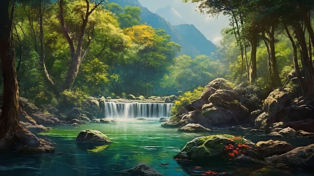 A waterfall in a gorgeously fantastic landscape