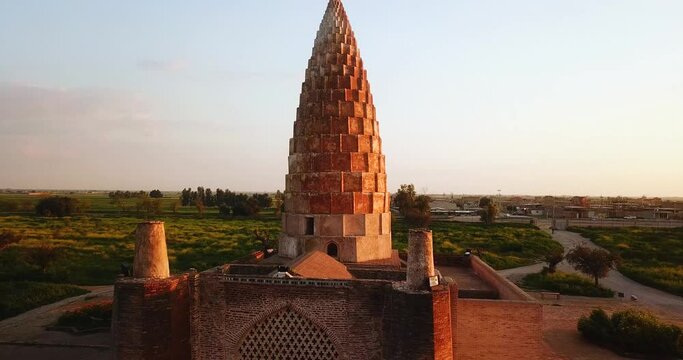 Wonderful scenic landscape of Arabian Islamic architectural pattern design in a conical dome pineapple shape polygonal structure in ancient historical Gundeshapur archeological site in Iran dezful 