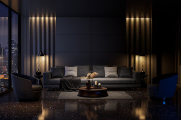Modern style luxury black living room with city view in the night 3d render, There are black terrazzo floor decorated wall with hidden light, blank wall for copy space