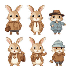 Set vector illustration cute bunny in a beige raincoat and cap for sticker, print, poster, postcard 
