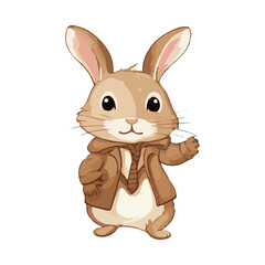 Obraz premium Vector illustration cute bunny in a beige raincoat for sticker, print, poster, postcard 