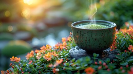 Organic green matcha tea Healthy drink. Traditional Japanese drink a steaming cup of matcha tea...