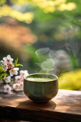 Organic green matcha tea Healthy drink. Traditional Japanese drink a steaming cup of matcha tea against the backdrop of a cherry blossom-blooming garden.