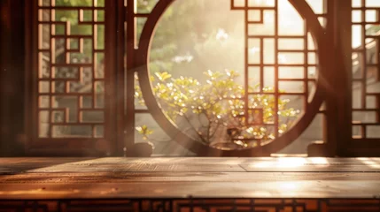Keuken spatwand met foto Chinese style wooden table scene under the window Sunlight streams in through the windows, casting shadows on the trees and creating a tranquil atmosphere reminiscent of a traditional Chinese landscap © Saowanee