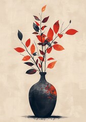 Autumn Leaves in Vase Artistic Illustration