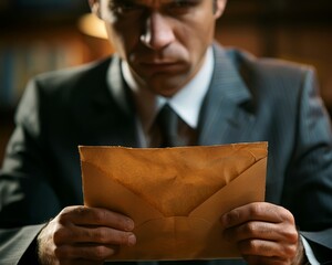 A businessmans slumped shoulders in a dim office, holding an open brown envelope, termination letter peeking out