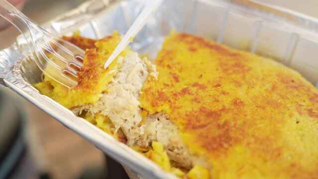 Delicious local Tenerife food plate 
Cachapa for take away, close up view