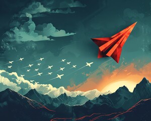 Vector art of a red paper plane casting a large aircraft shadow, leading white planes over a mountainous landscape