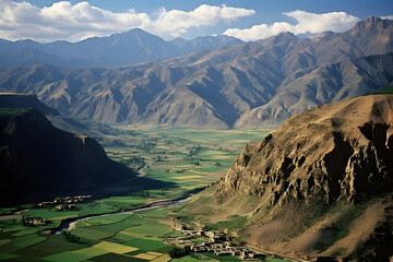 Breathtaking Panoramic View of Afghanistan's Majestic Mountains and Traditional Mud-brick Homes