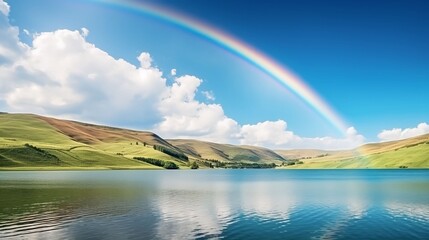 Beautiful panorama rural landscape with rainbow 