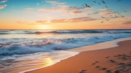 Sunset over the sea. Seagulls fly over the beach - obrazy, fototapety, plakaty