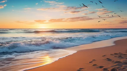 Cercles muraux Coucher de soleil sur la plage Sunset over the sea. Seagulls fly over the beach