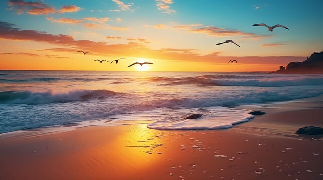 Sunset over the sea. Seagulls fly over the beach