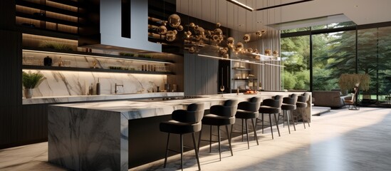 Fototapeta premium A residential interior of a modern bar featuring a sleek marble countertop and matching black chairs. The luxurious design adds elegance to the space, creating a sophisticated atmosphere.