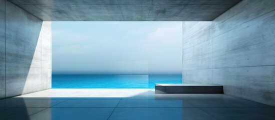 A blue water architectural background with an empty room featuring a bench positioned in the center. The concrete interior creates a stark backdrop for the solitary bench.