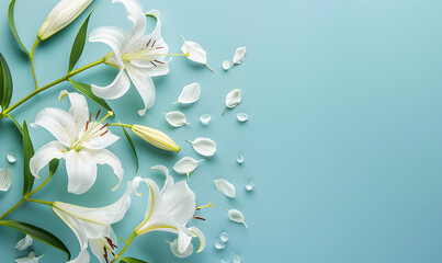 Fototapeta na wymiar Fresh white lilies on pastel menthe light blue background, Generative AI 