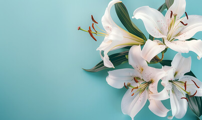 Fresh white lilies on pastel menthe light blue background, Generative AI 